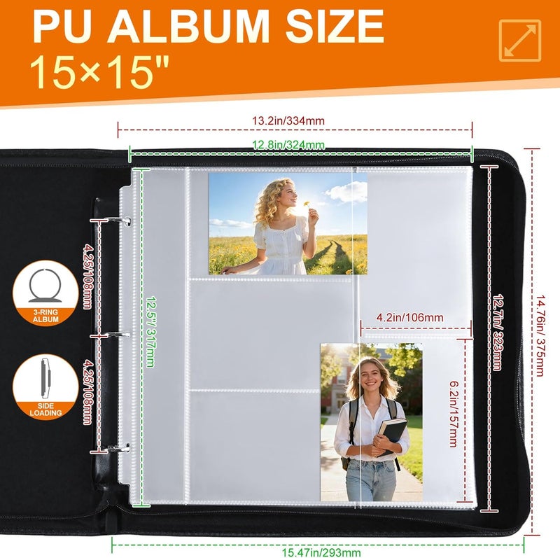 Zofly 4x6 Photo Album for 3-Ring Binder – Zippered Leather Picture Albums Kit with 20 Page Protectors, Holds 200 Mixed Layout Photos, Large Capacity Family Wedding Anniversary Baby Album Book, Brown - Image 2